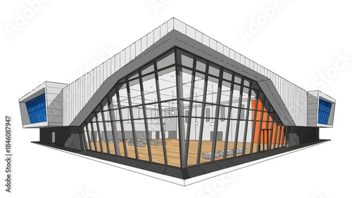 Modern architectural rendering of a contemporary building with a large glass facade and angular design elements.
