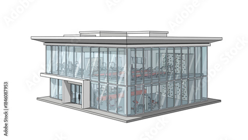 A modern, multi-story commercial building with extensive glass facade and visible interior elements.