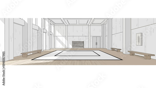 A minimalist architectural rendering of a spacious, sunlit room with a central display area and benches.