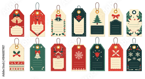 Collection of fourteen vintage-style Christmas gift tags in red, green, and dark blue with festive holiday designs and space for text.