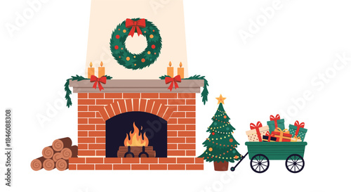 Cozy Christmas interior scene with a decorated brick fireplace, a wreath, and a small Christmas tree in a wagon full of gifts.
