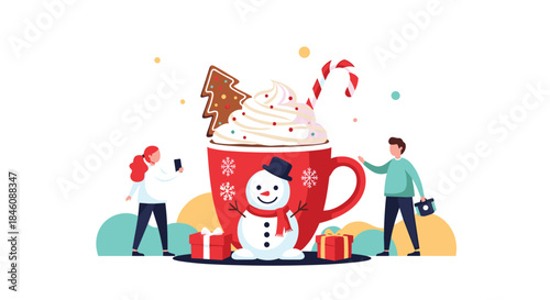 Festive winter scene with tiny people decorating a giant red mug of hot chocolate with a snowman design and whipped cream.