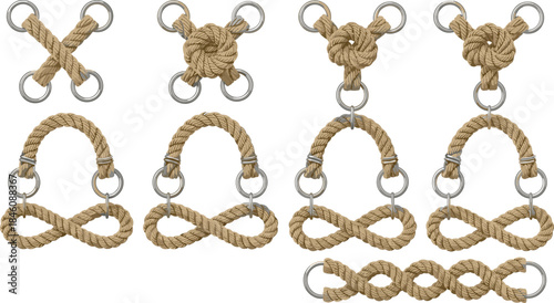 Set of nautical rope frames and decorative sailor knots with metal rings, rustic twisted cord borders, marine design elements for banners.