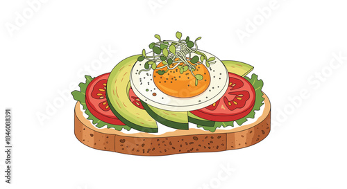 Healthy and delicious avocado toast on whole grain bread, topped with a perfectly cooked egg, tomato slices, and microgreens.
