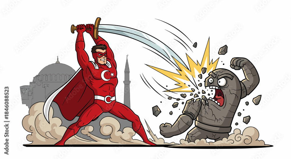 Fototapeta premium Turkish superhero strikes a stone monster with a sword in action.