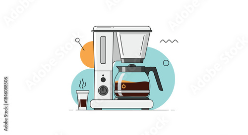 Modern coffee maker with a glass pot full of freshly brewed coffee, illustrated in a trendy line art and flat color style.