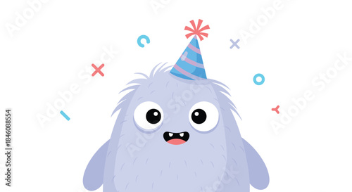 Adorable fluffy purple monster with big eyes and a party hat, surrounded by colorful confetti, celebrating a happy birthday.