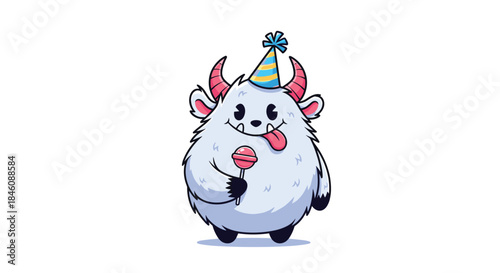 A cute and fluffy white monster with pink horns wears a birthday party hat while happily licking a red lollipop illustration.