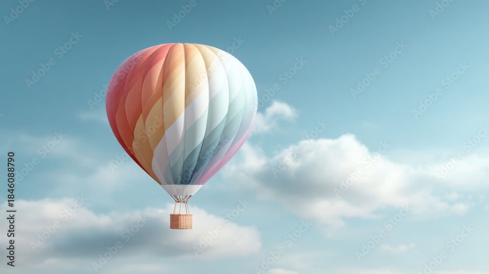 Fototapeta premium Colorful hot air balloon soaring through a clear blue sky, surrounded by fluffy clouds, symbolizing freedom and joy during Pride month
