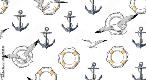 A nautical-themed seamless pattern featuring flying seagulls, lifebuoys, and ship anchors with rope on a white background.