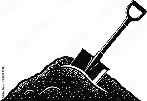 Shovel in soil illustration, digging tool silhouette with dirt pile, garden equipment graphic for landscaping, construction, farming, and outdoor work design