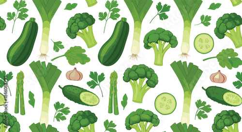 A fresh and healthy seamless pattern of various green vegetables like broccoli, zucchini, leeks, and cucumbers on white.
