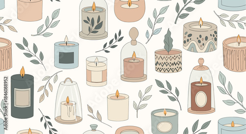 A cozy and elegant seamless pattern of assorted scented candles in jars and cloches, decorated with delicate botanical leaves.