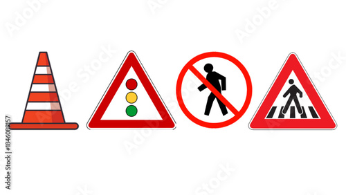 Construction cones and warning traffic signs for roadwork and safety purposes. Ideal for transportation graphics, safety instructions, and educational materials.