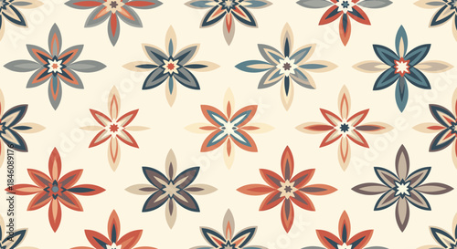 A geometric floral seamless pattern with stylized, symmetrical eight-petal flowers in a muted retro color palette on a beige background.