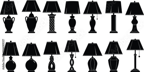 Table lamp silhouette set, classic and modern lamp designs, decorative home lighting icons, interior decor illustration pack, elegant lamp collection graphics