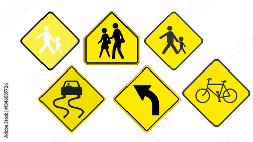 Yellow warning road signs featuring pedestrian, slippery road, bicycle, and turn warnings. Ideal for traffic safety design, education, and transportation graphics.