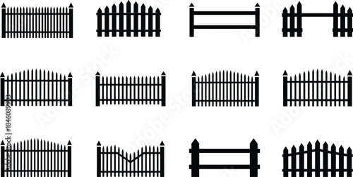 Black wooden fence icon set silhouette garden barriers picket styles isolated vector illustration design collection elements landscaping yard boundary symbols