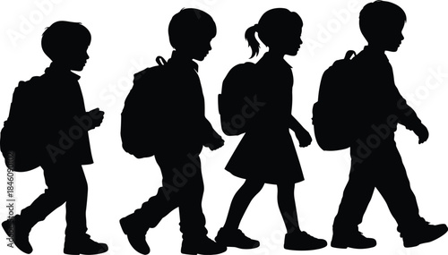 School children silhouettes walking with backpacks, education concept kids going to class isolated black figures white background minimal modern illustration