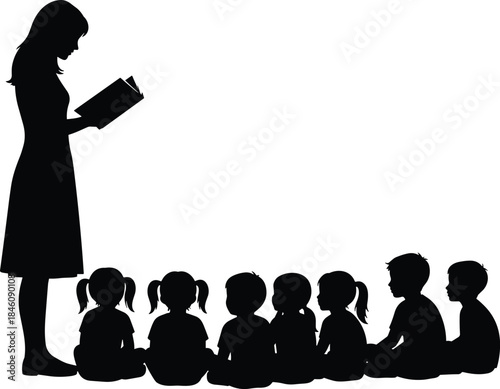 Teacher reading book to children silhouettes, preschool education concept classroom learning kids listening isolated black illustration white background minimalist vector