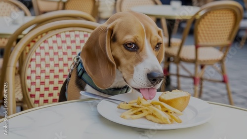 Beagle dog relaxing in a cozy street cafe