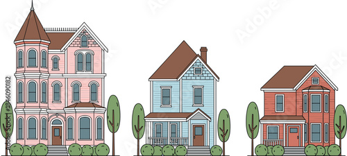 Residential house exterior illustration set with classic and modern homes, suburban architecture and neighborhood building design