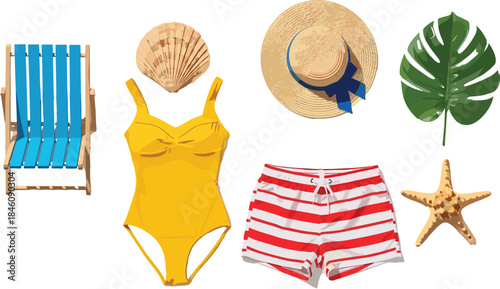 Vector collection of summer beach vacation essentials including yellow swimsuit, striped shorts, straw hat, blue deck chair, starfish, and sea shell.