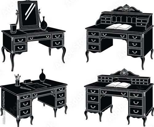 Vintage desk silhouette set, antique writing tables with drawers, ornate furniture designs for office decor, interior illustration, classical study and workspace themes