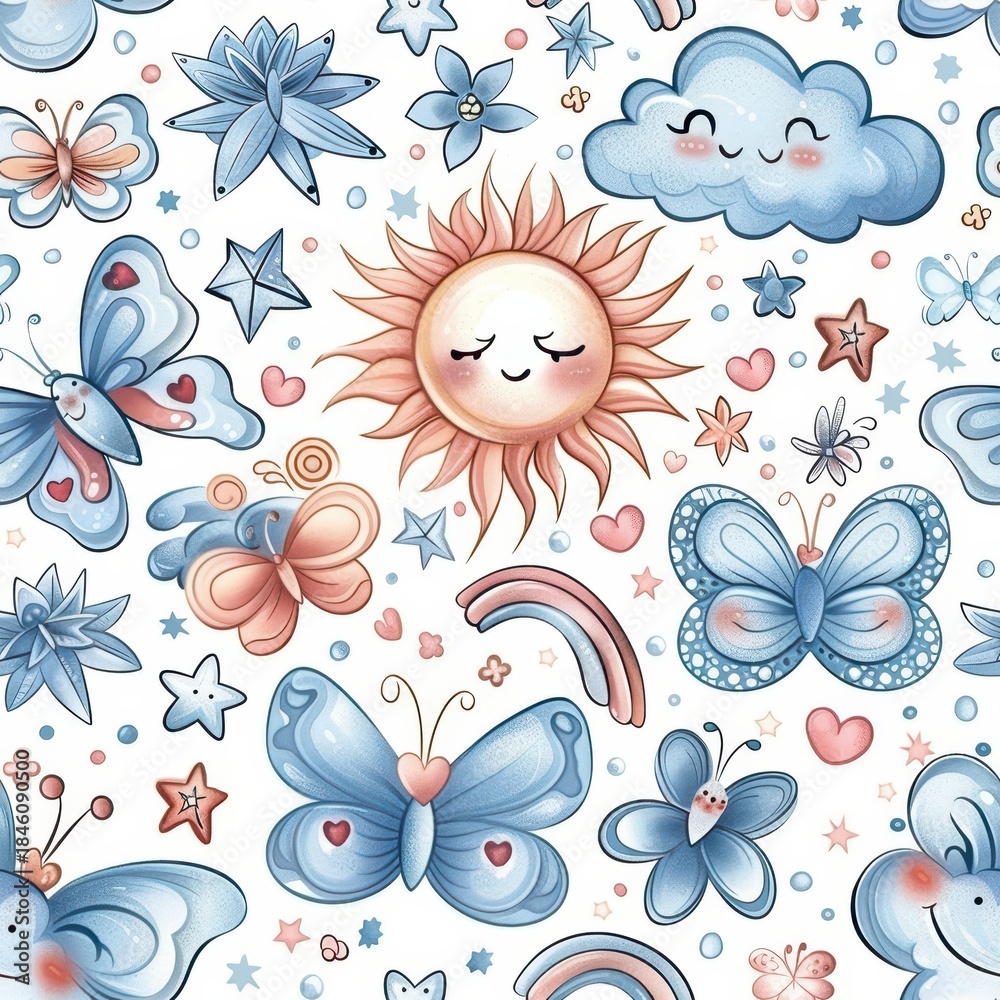 Fototapeta premium Whimsical Cloud and Sun Illustration with Butterflies and Stars