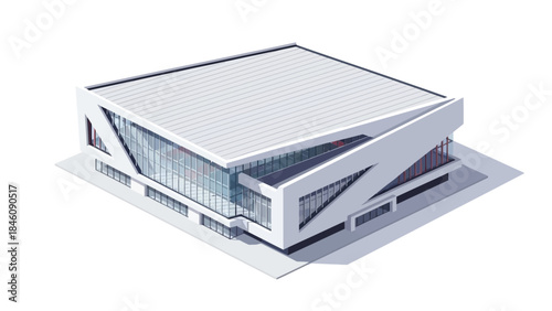 Modern architectural design of a large, angular, white building with extensive glass facades, set against a white background.