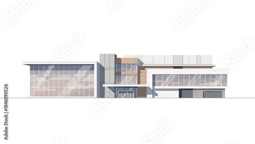 Modern Commercial Building Facade with Large Glass Windows and Geometric Design Elements.