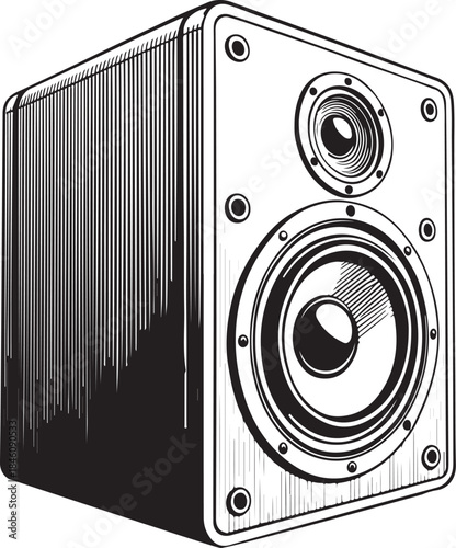 Music Speaker Loud Sound Hand-drawn Sketch Drawing Vector Illustration, Line Linear Symbol Engraving Coloring Book, Black and White Isolated