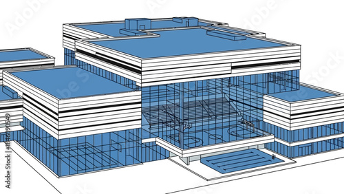 A detailed architectural rendering of a modern, multi-story building with glass facades and layered white exterior elements.