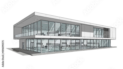 Modern two-story commercial building with extensive glass facade and minimalist design.