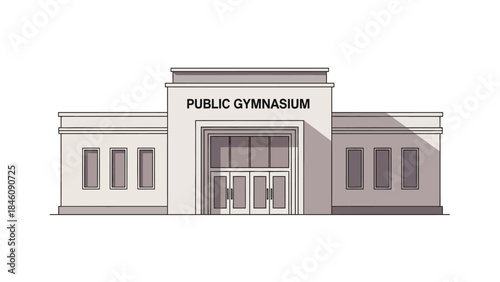 A detailed illustration of the exterior of a public gymnasium building with large glass doors and windows.