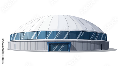 A modern domed building with a glass facade and a large entrance, showcasing contemporary architectural design.