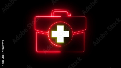 medical box icon with neon glowing effect .medical bag on digital technology neon motion graphic loop animation on black background. 4K Video animation
