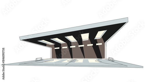 Modern architectural design of a bus stop shelter with a slanted roof and skylights.