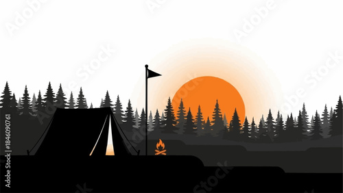 Silhouette of a camping tent with a campfire and flag at sunset.
