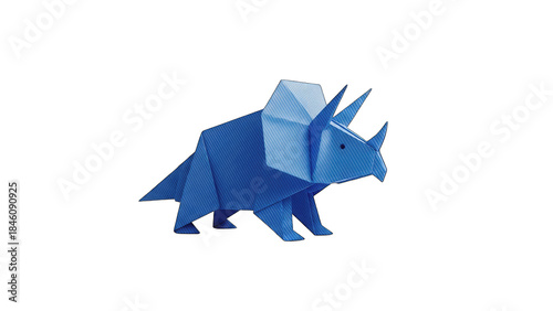 Blue Origami Triceratops on White Background