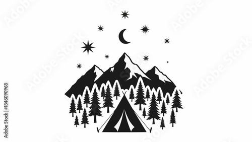 Camping adventure under starry night sky with mountains and forest.