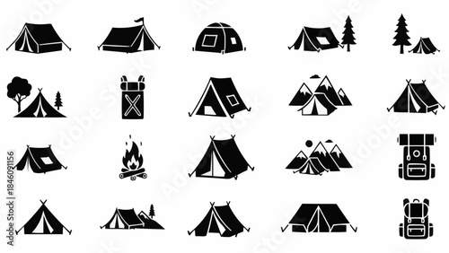 Collection of Camping Tents and Backpacks Icons for Outdoor Adventures.