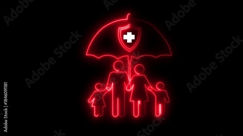 Glowing An animated neon family icon under an umbrella with a medical shield. Represents comprehensive family health insurance, protection and security.4k video animation