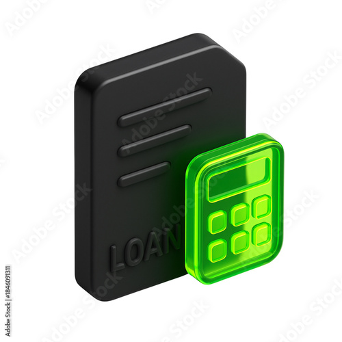 3D Loan Document and Glowing Green Calculator Icon for Finance and Budget Planning. loan, finance, calculator, 3d icon, financial planning