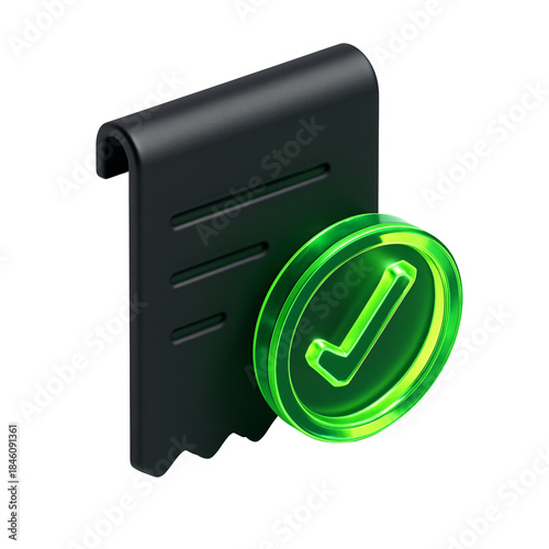 3D Dark Receipt or Invoice Document with Glowing Green Checkmark Icon for Success and Completion. icon, checkmark, receipt, complete, success