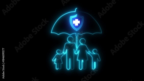 Glowing An animated neon family icon under an umbrella with a medical shield. Represents comprehensive family health insurance, protection and security.4k video animation