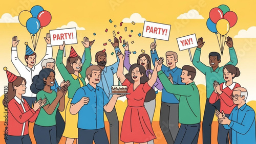 Diverse group of people celebrating a birthday with party hats, balloons and confetti in a colorful scene