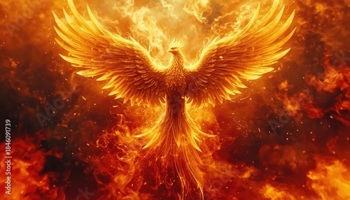 Majestic Golden Phoenix Rising From Fiery Red Flames