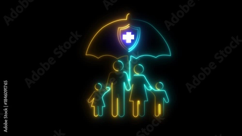 Glowing An animated neon family icon under an umbrella with a medical shield. Represents comprehensive family health insurance, protection and security.4k video animation