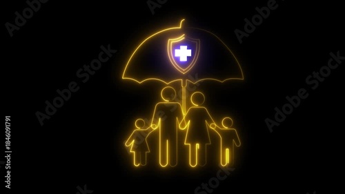 Glowing An animated neon family icon under an umbrella with a medical shield. Represents comprehensive family health insurance, protection and security.4k video animation